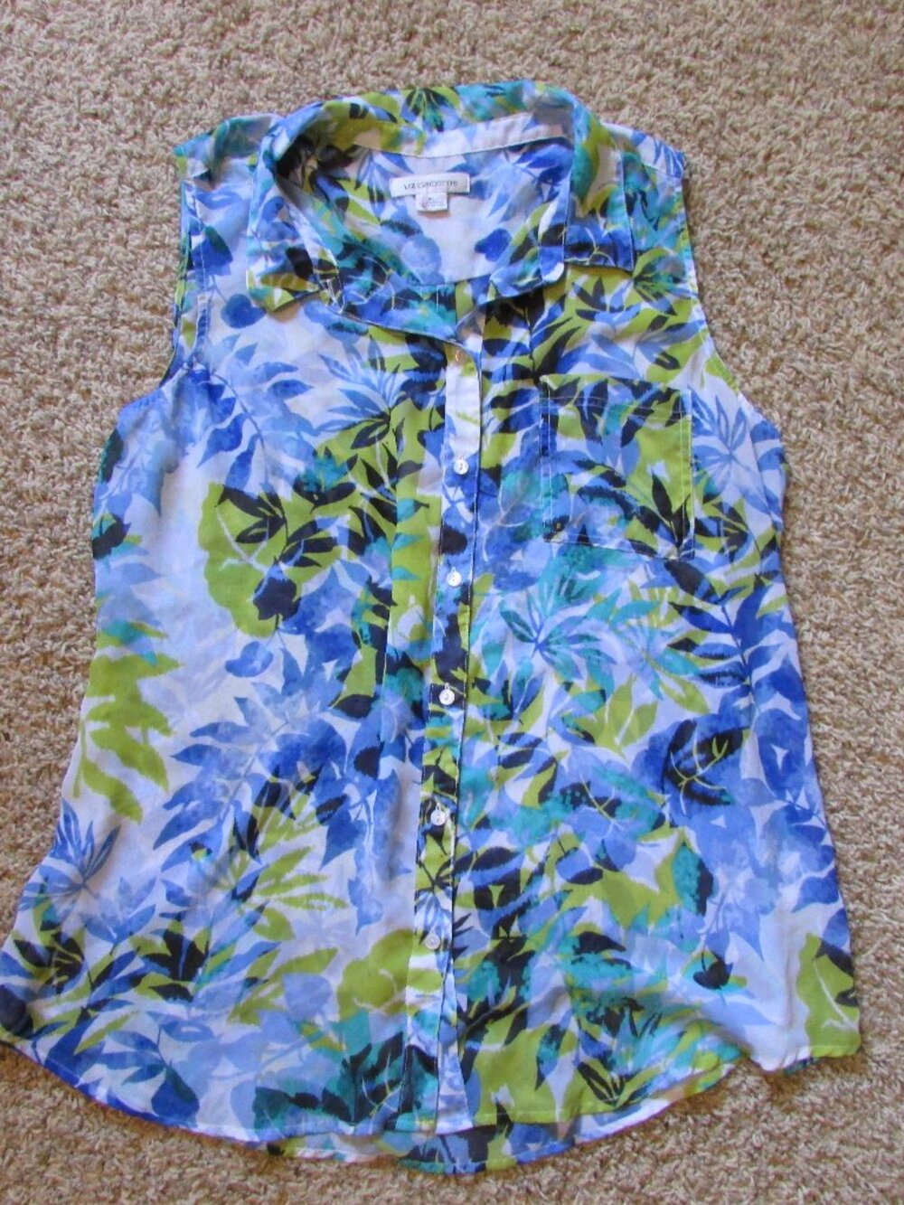 NWOT Liz Claiborne XL Sheer Sleeveless Button Down Blue Floral Print Blouse Pkt
